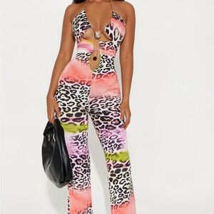 Cutout Halter Leopard Print Jumpsuit in Multi-Color